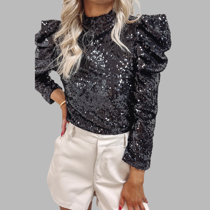 Damen Pailletten Langarmbluse – Schickes Party- & Abendtop