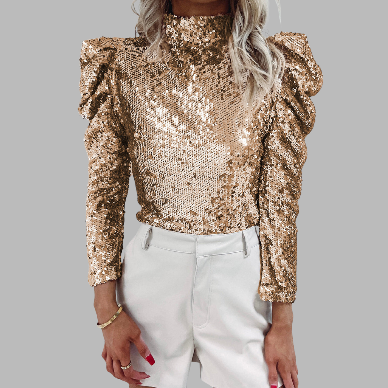 Damen Pailletten Langarmbluse – Schickes Party- & Abendtop