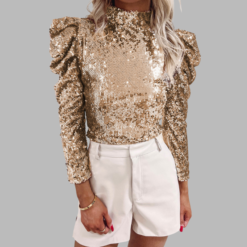 Damen Pailletten Langarmbluse – Schickes Party- & Abendtop