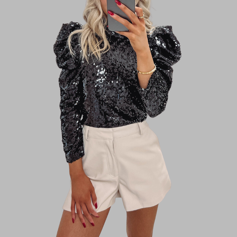 Damen Pailletten Langarmbluse – Schickes Party- & Abendtop