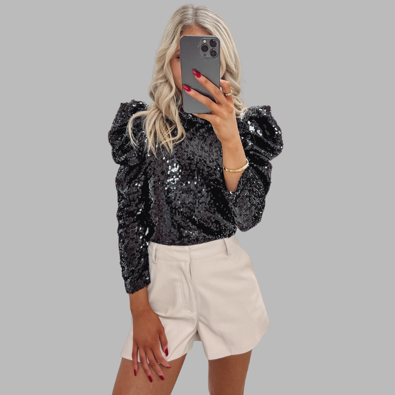 Damen Pailletten Langarmbluse – Schickes Party- & Abendtop