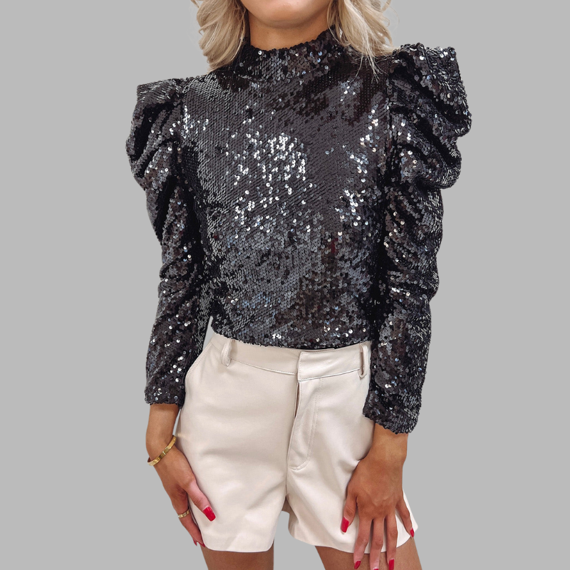 Damen Pailletten Langarmbluse – Schickes Party- & Abendtop