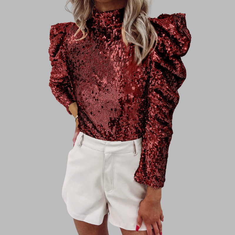 Damen Pailletten Langarmbluse – Schickes Party- & Abendtop
