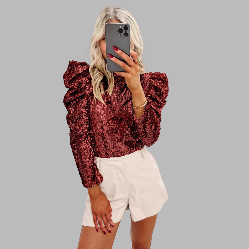 Damen Pailletten Langarmbluse – Schickes Party- & Abendtop