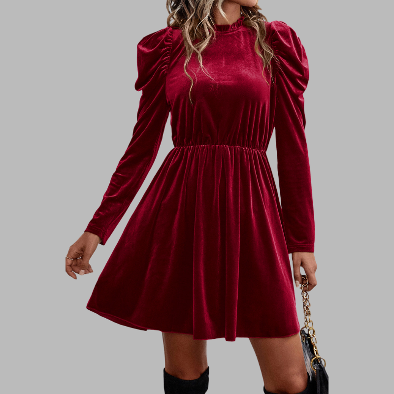 Elegantes rotes Samtkleid mit Rüschenausschnitt und Puffärmeln – Anspruchsvolle Partykleidung