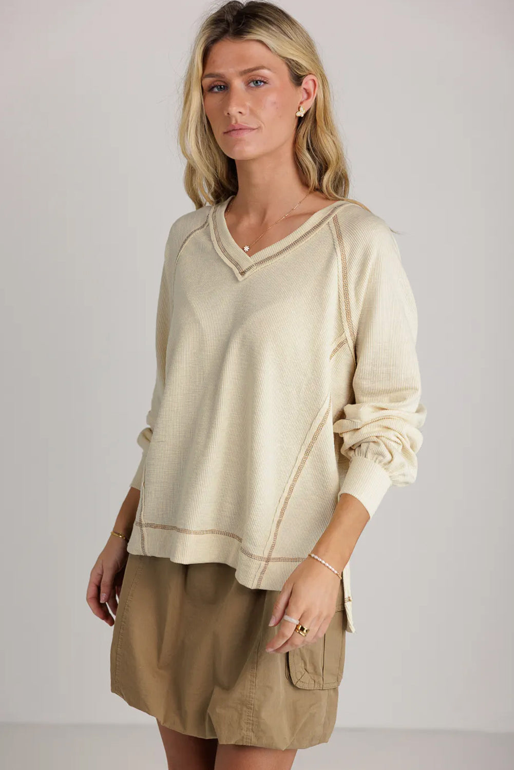 Zora | Freigelegte Naht Strukturierter Strick Pullover Top - Weicher Strick, Lässiger Langarmpullover